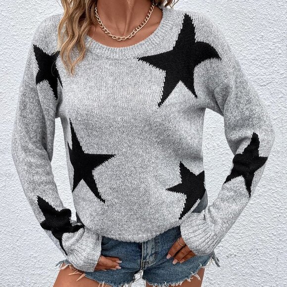 Grey Casual Womens Star Pattern Drop Shoulder Sweater - Picture 5 of 5